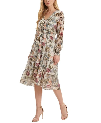 Ny Collection Women's Long-Sleeve Clip Dot Chiffon Dress with Smocked Waist and Cuffs