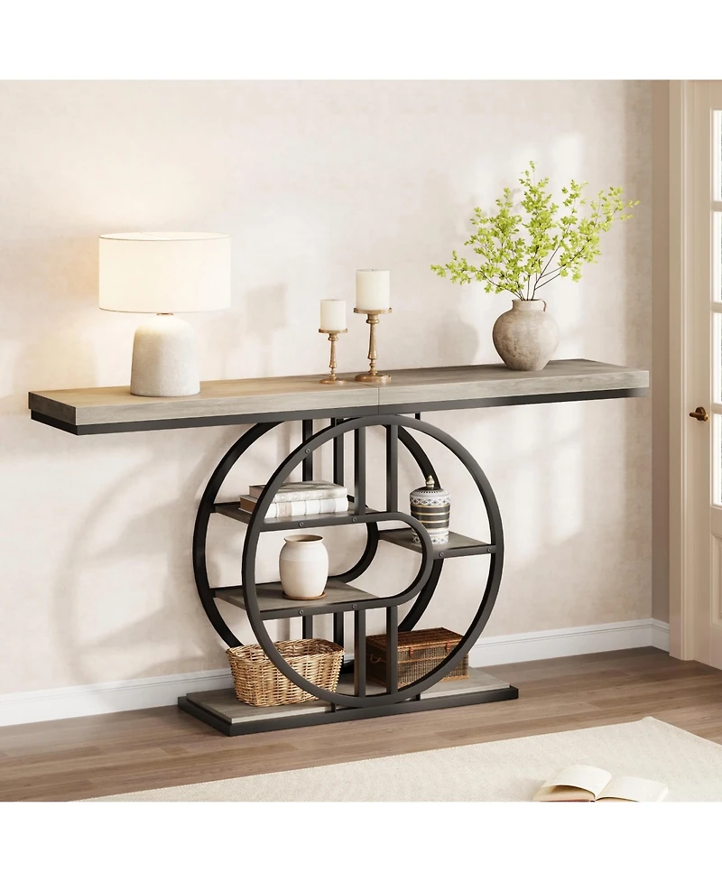 gaomon Industrial Narrow Console Sofa Table with O-Shaped Metal Frame and 5-Tier Storage, Entryway Table