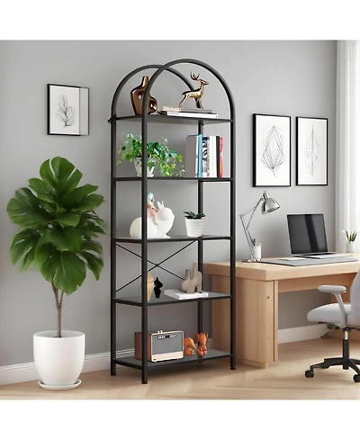 gaomon 5-Tier Modern Arched Bookshelf with Metal Frame, Tall Open Display Storage Rack