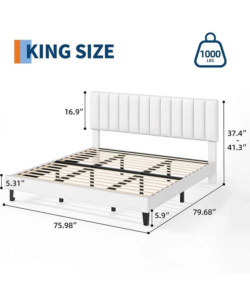 gaomon King Upholstered Bed Frame with Vertical Channel Tufted Headboard, Wood Slats Support
