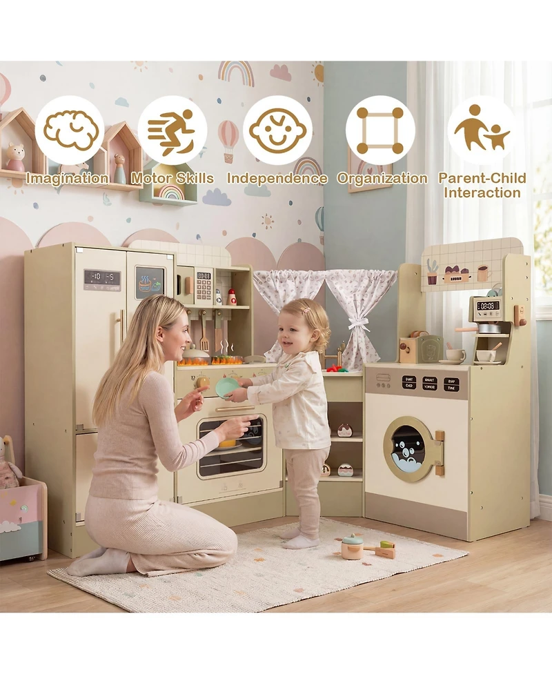 Slickblue Corner Kids Kitchen Playset Toy with Faucet Dishwasher Stove Set