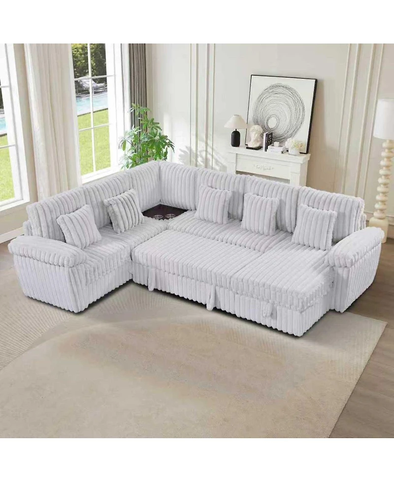 Streamdale Furniture 110" U-shaped corduroy sofa with storage, pull-out bed & coffee table
