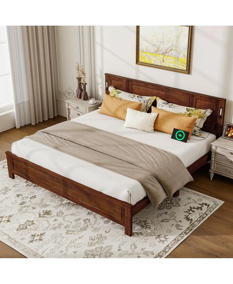Streamdale Furniture King Led Usb Pinewood Bed w/ Tall Headboard/Footboard