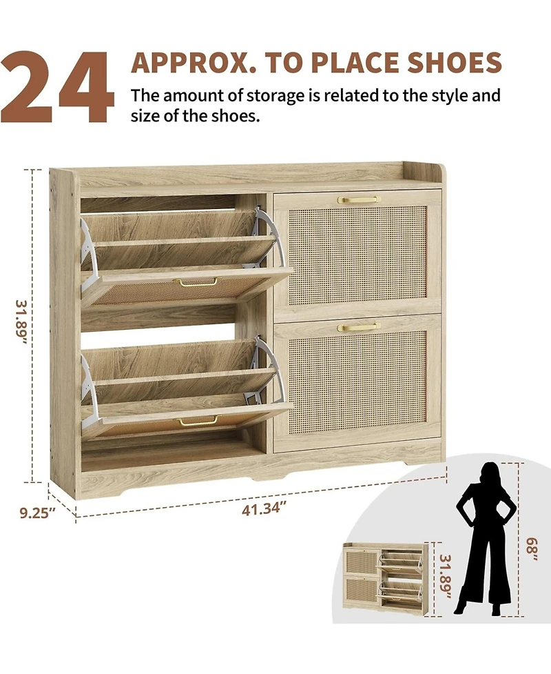 gaomon Rattan Shoe Cabinet with 4 Flip Drawers, Hidden Wood Shoe Storage Organizer Cabinet