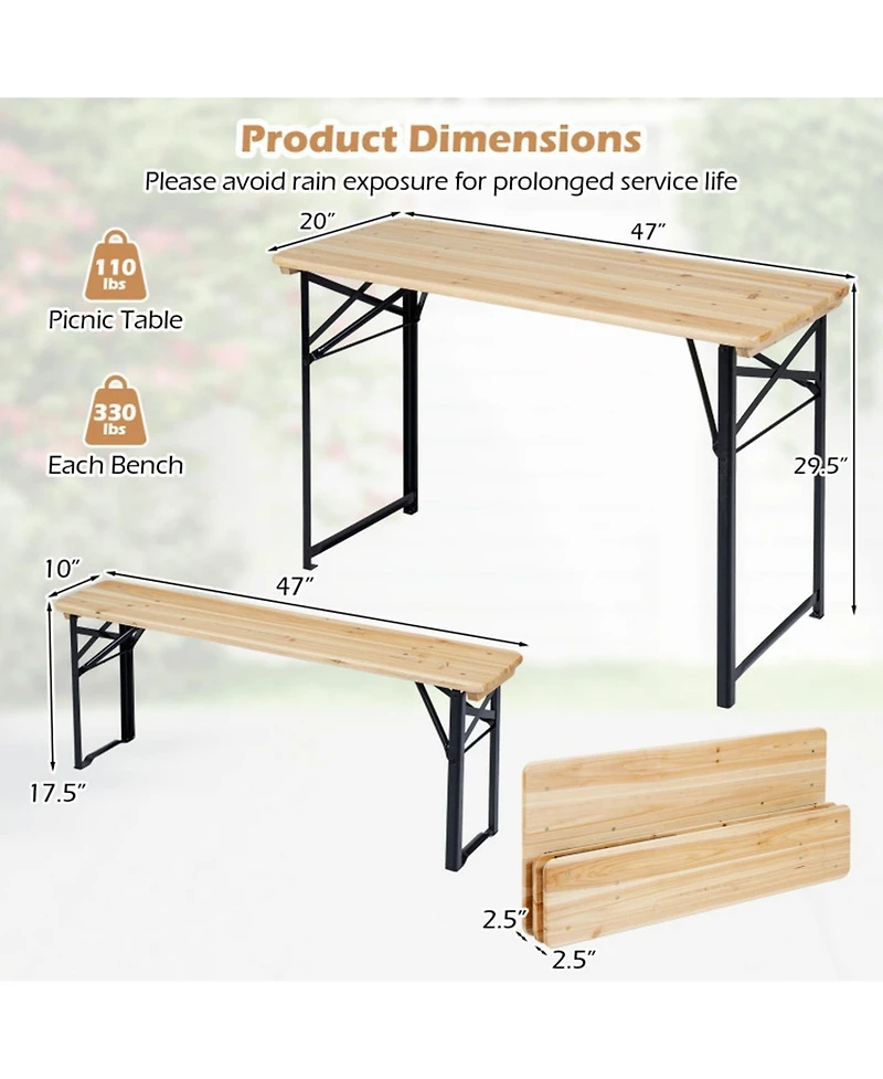 Gouun 3-Piece Folding Picnic Table and Bench Set, Fir Wood Portable Outdoor Dining