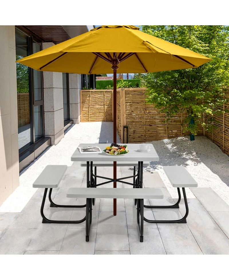 Gouun Square Outdoor Picnic Table with 4 Built-in Benches and Umbrella Hole, Hdpe Top
