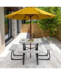 Gouun Square Outdoor Picnic Table with 4 Built-in Benches and Umbrella Hole, Hdpe Top