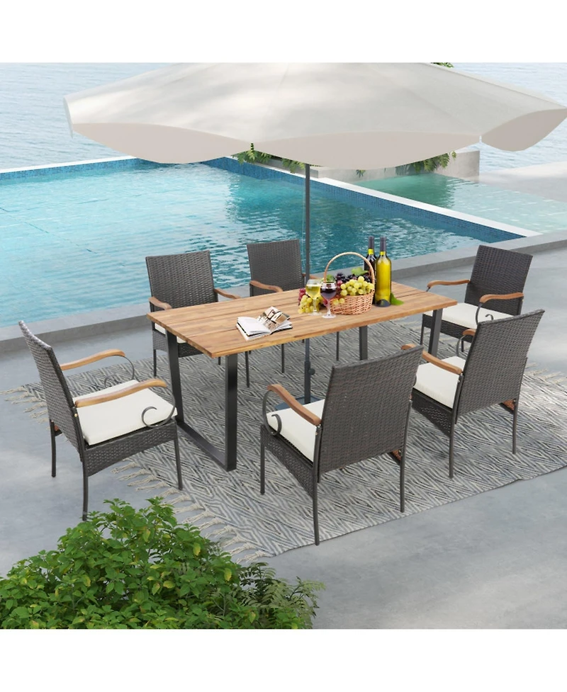 Gouun 7-Piece Patio Rattan Dining Set with 69 in Acacia Wood Table and 6 Cushioned Chairs