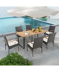 Gouun 7-Piece Patio Rattan Dining Set with 69 in Acacia Wood Table and 6 Cushioned Chairs