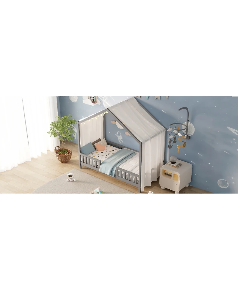 Streamdale Furniture Montessori House Floor Bed with Canopy and Railings