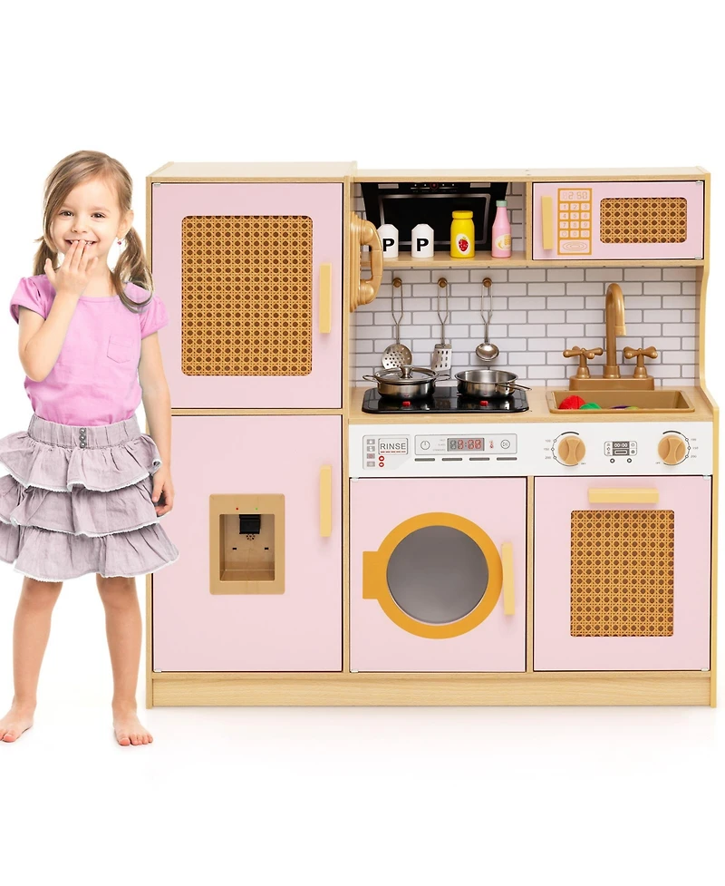 Slickblue Kids Kitchen Playset Wooden Toy with Lights Sounds Interactive