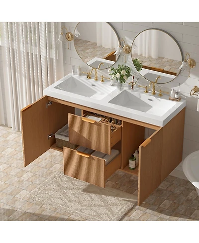 Sillysis 47 Inch Double Sink Bathroom Vanity Wall Mounted, Soft Close Drawers, Ample Storage, Smc Countertop and Wood Grain Mdf Cabinet