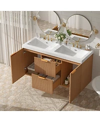 Sillysis 47 Inch Double Sink Bathroom Vanity Wall Mounted, Soft Close Drawers, Ample Storage, Smc Countertop and Wood Grain Mdf Cabinet
