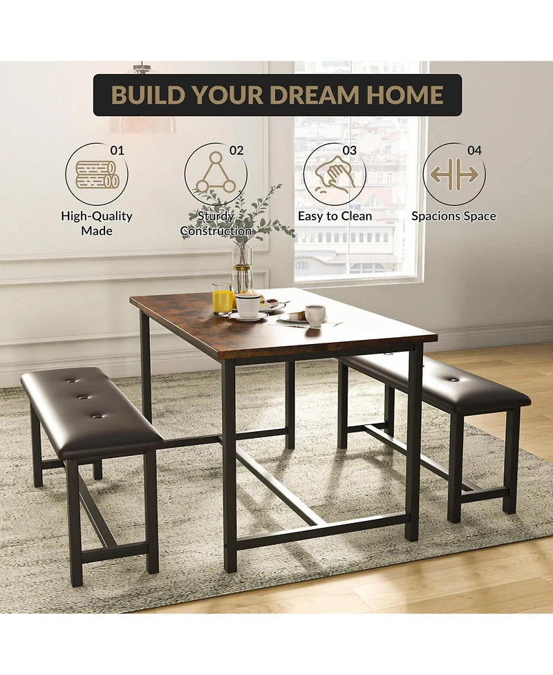 gaomon 3-Piece 4-Person Industrial Dining Set with 2 Benches