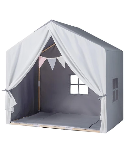Slickblue Grey Kids Indoor Play Tent with Soft Cotton Mat and Flag Banner