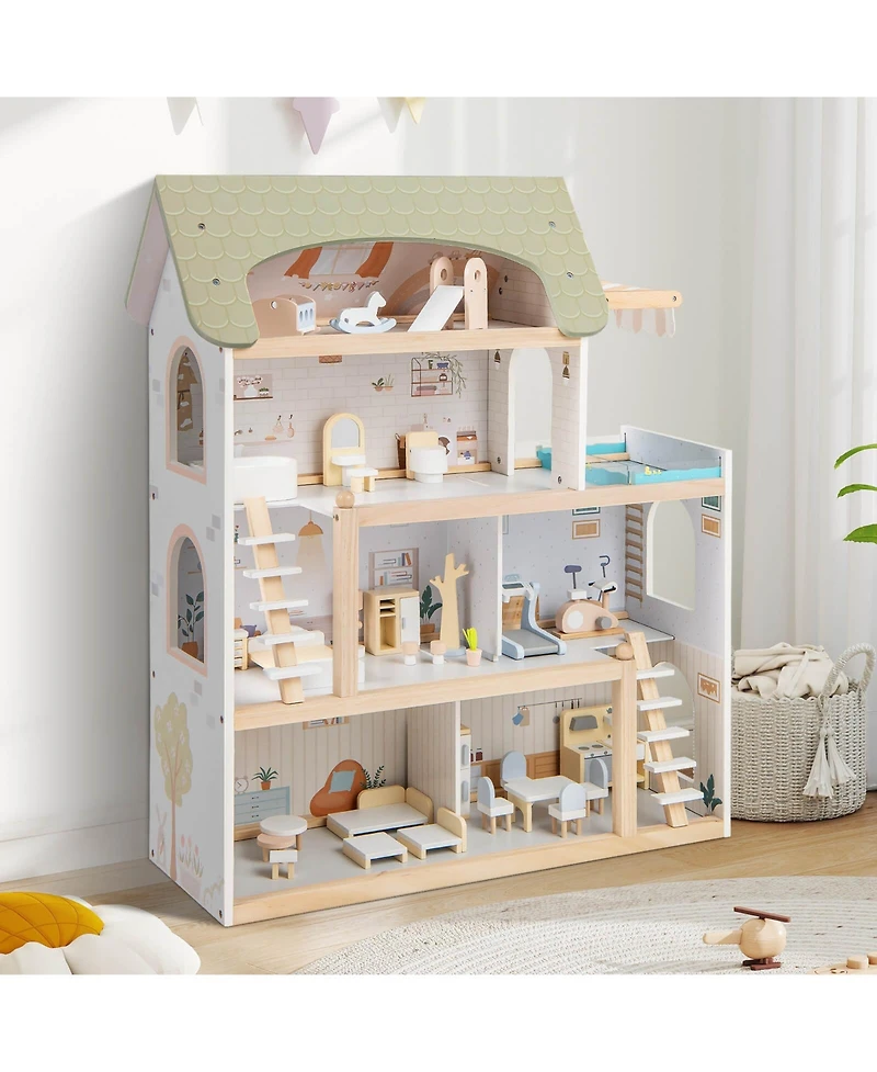 Costway Kids Wooden Dollhouse 4-Story Modern Doll House with 33Pcs Furniture Accessories