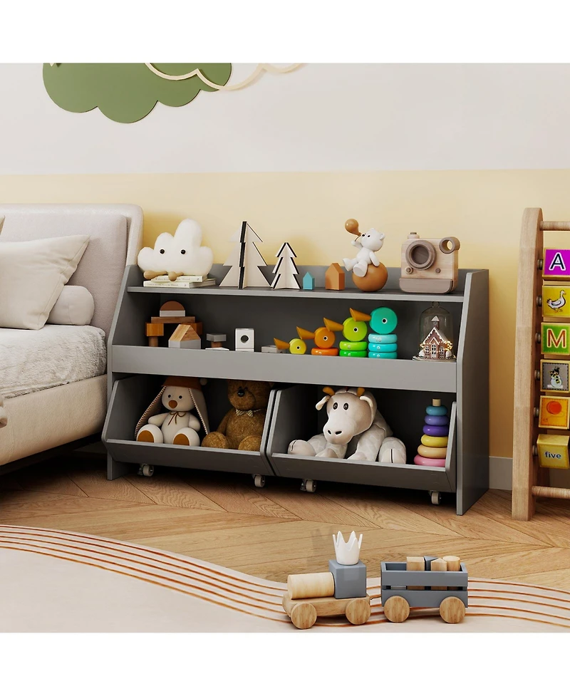 Gouun Kids Toy Storage Organizer Wooden Bookcase with 2 Movable Drawers