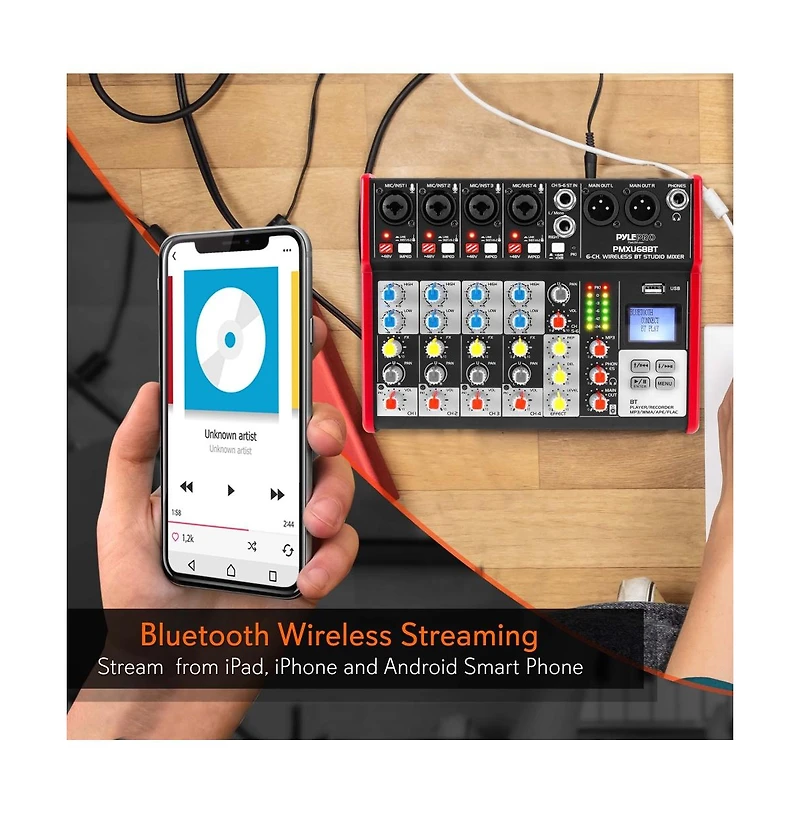 Pyle 6-Channel Pro Audio Bluetooth Studio Dj Mixer with Usb Interface and Lcd Display