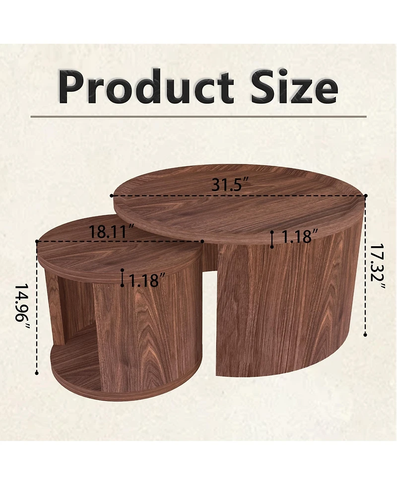 Rainsken Modern Circular Nesting Coffee Table Set of 2, 31.5" Main Table and 18" Stackable Side Table, Wooden Round Center Table for Living Room