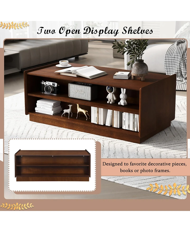 Rainsken 47.2 Inch Modern Wooden Rectangular Coffee Table, Fluted Center Table with 4 Drawers and 2 Open Display Shelves for Living Room