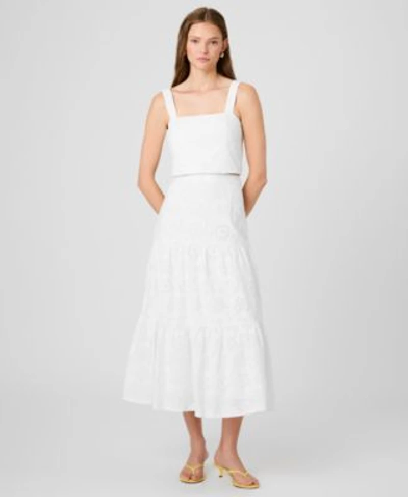 French Connection Womens Square Neck Floral Eyelet Crop Top Tiered Skirt