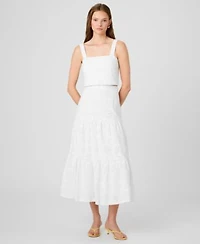 French Connection Womens Square Neck Floral Eyelet Crop Top Tiered Skirt