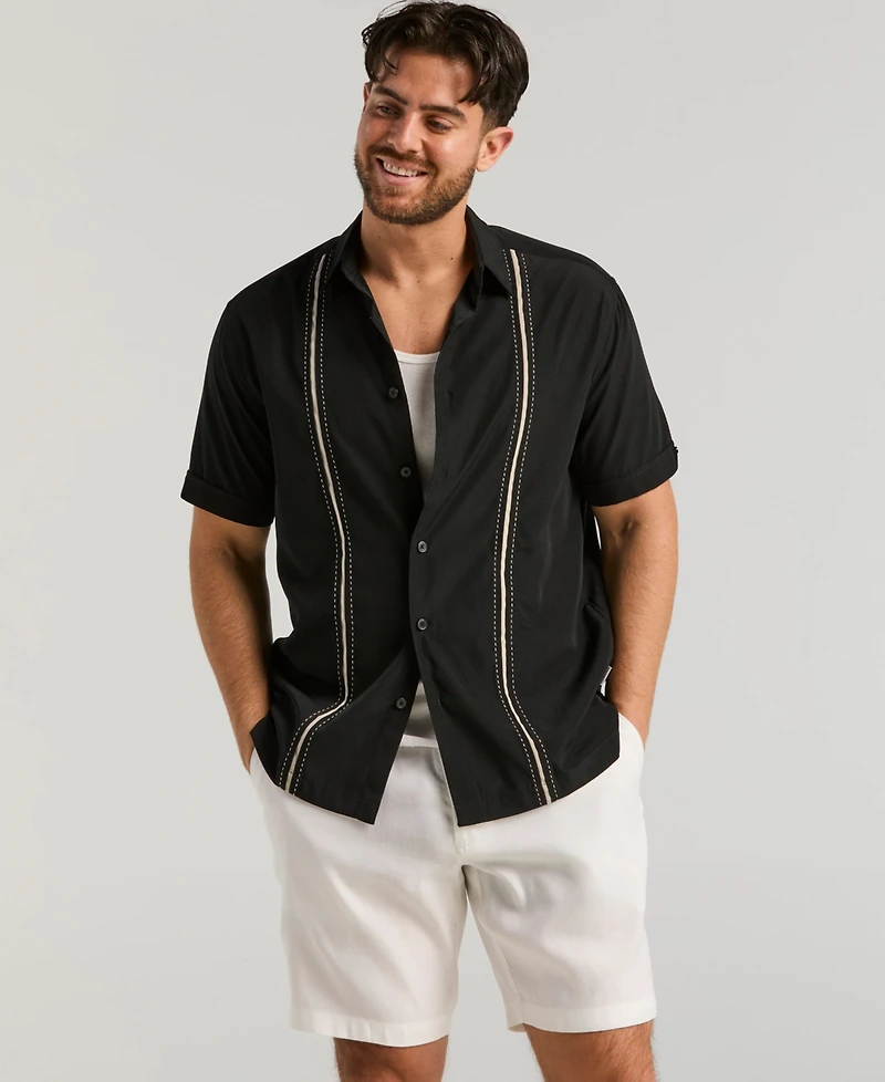 Cubavera Men's Pick Stitch Panel Short Sleeve Button-Down Shirt