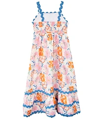 Rare Editions Girls' 7-16 Sateen Tropical Ric Rac Strap Bodice Dress