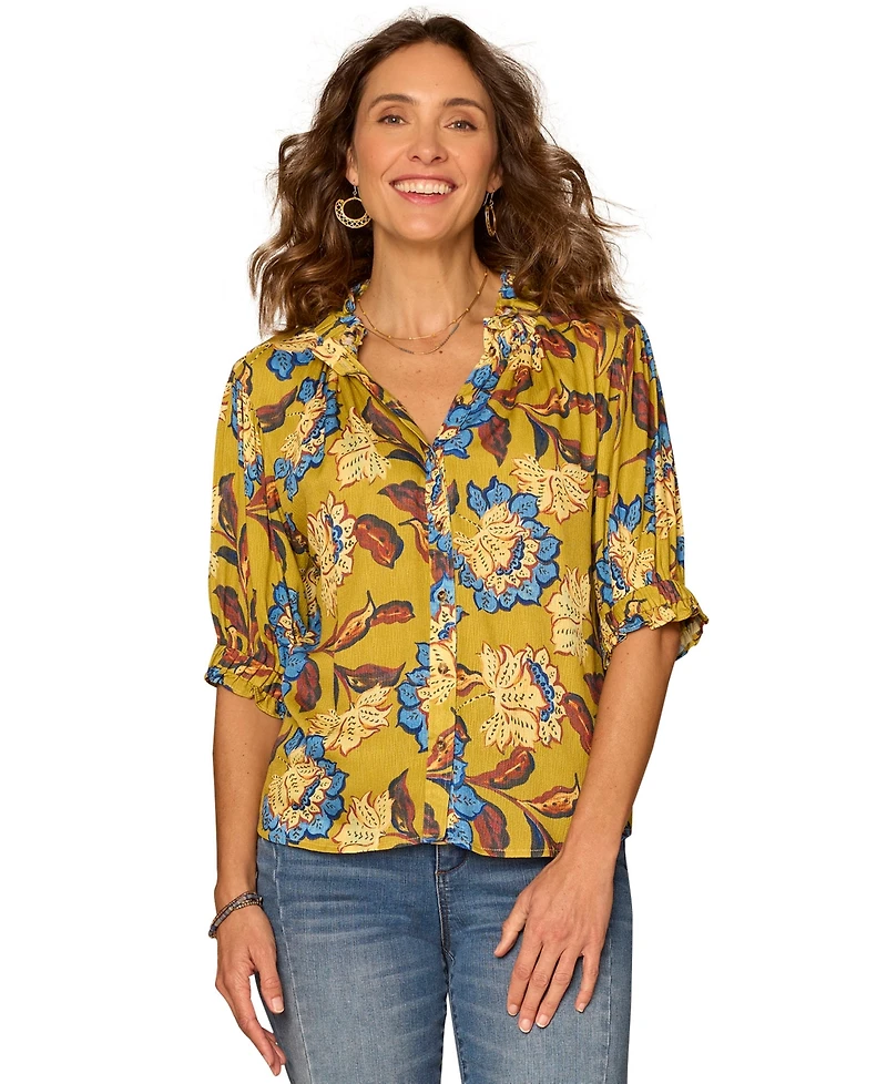 Democracy Petite Printed Elbow-Sleeve Blouse