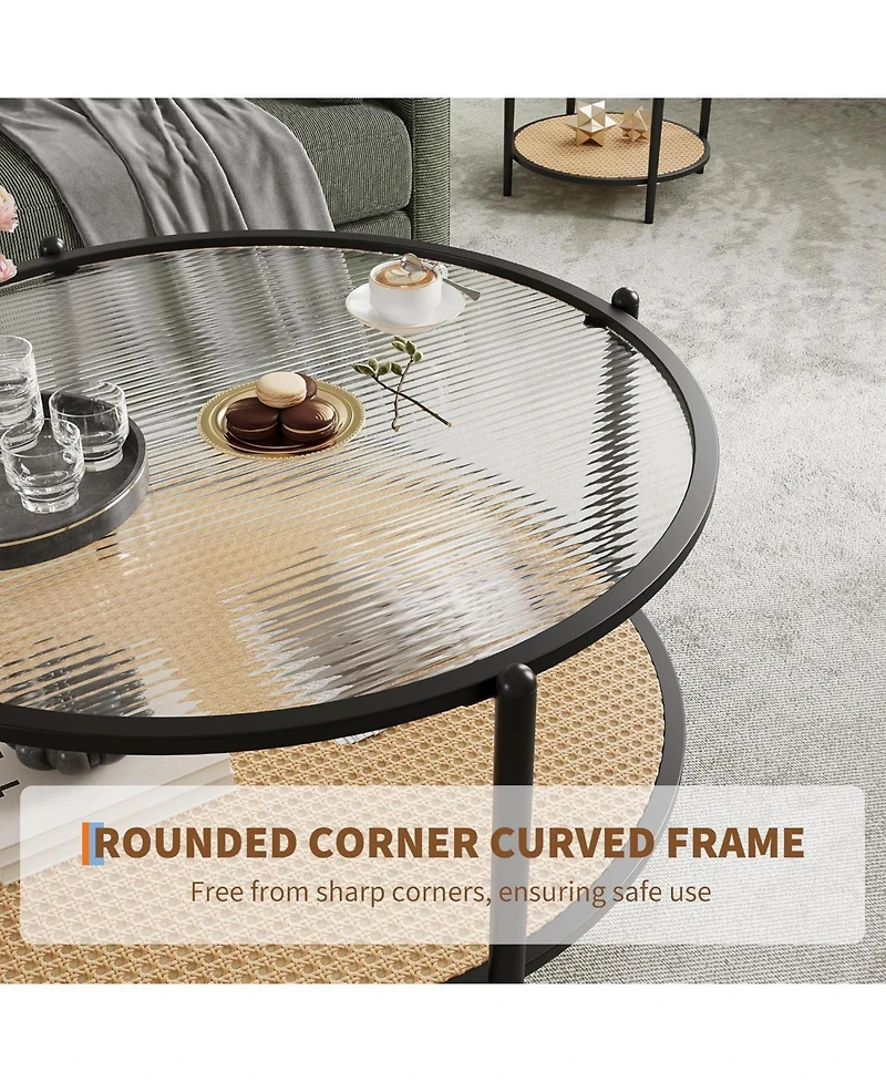 gaomon Round Coffee Table, 2-Tier Tea Table with Rattan Storage Shelf and Metal Frame, Tempered Glass Tabletop, Boho Cocktail Tables