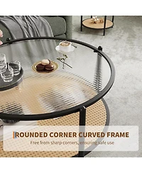 gaomon Round Coffee Table, 2-Tier Tea Table with Rattan Storage Shelf and Metal Frame, Tempered Glass Tabletop, Boho Cocktail Tables