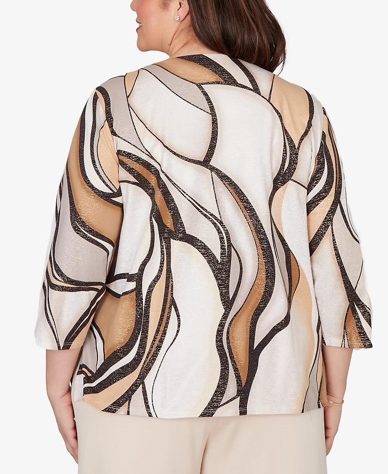Alfred Dunner Plus Seville Abstract Print Pleated Crewneck Top