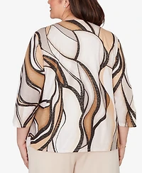 Alfred Dunner Plus Seville Abstract Print Pleated Crewneck Top