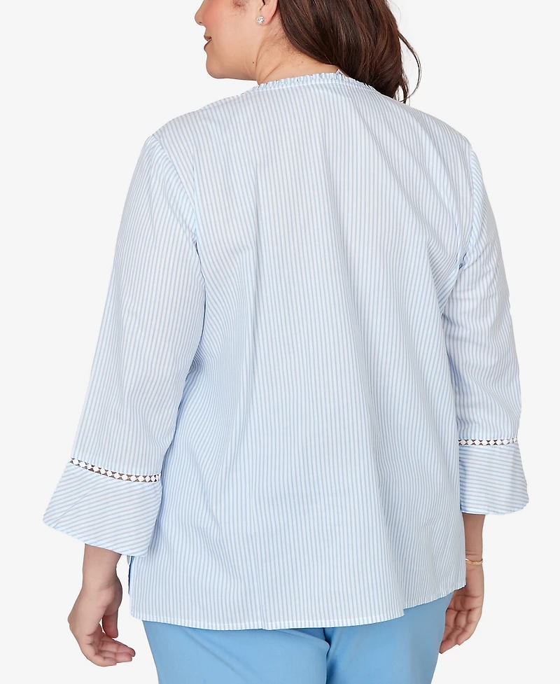 Alfred Dunner Plus St. Augustine Striped Floral Embroidered Button Down Top