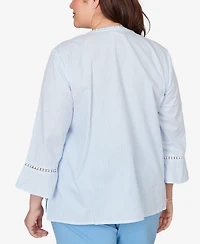 Alfred Dunner Plus St. Augustine Striped Floral Embroidered Button Down Top