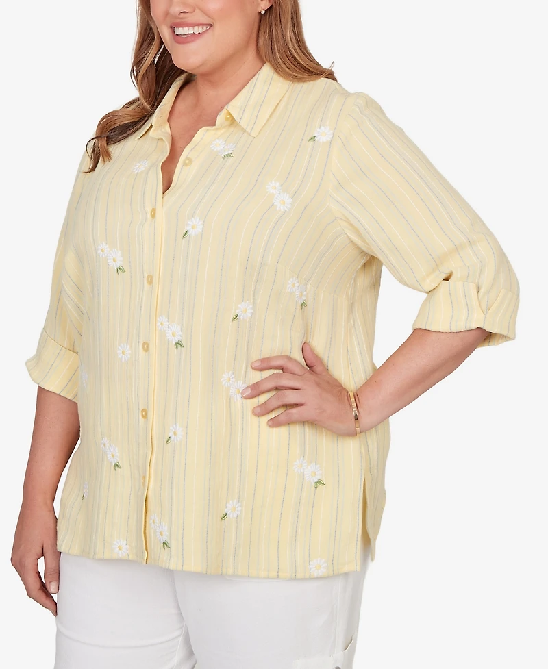 Alfred Dunner Plus Out of the Blue Embroidered Daisy Stripes Button Front Top