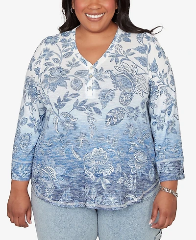 Alfred Dunner Plus Out of the Blue Ombre Batik Floral Henley Top