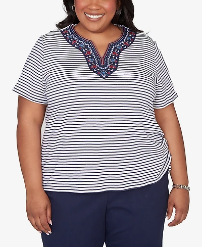 Alfred Dunner Plus Lady Liberty Embroidered Neck Striped Side Tie Top
