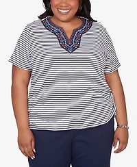 Alfred Dunner Plus Lady Liberty Embroidered Neck Striped Side Tie Top