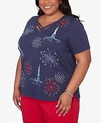Alfred Dunner Plus Lady Liberty Statue Of Fireworks V-Neck T-Shirt