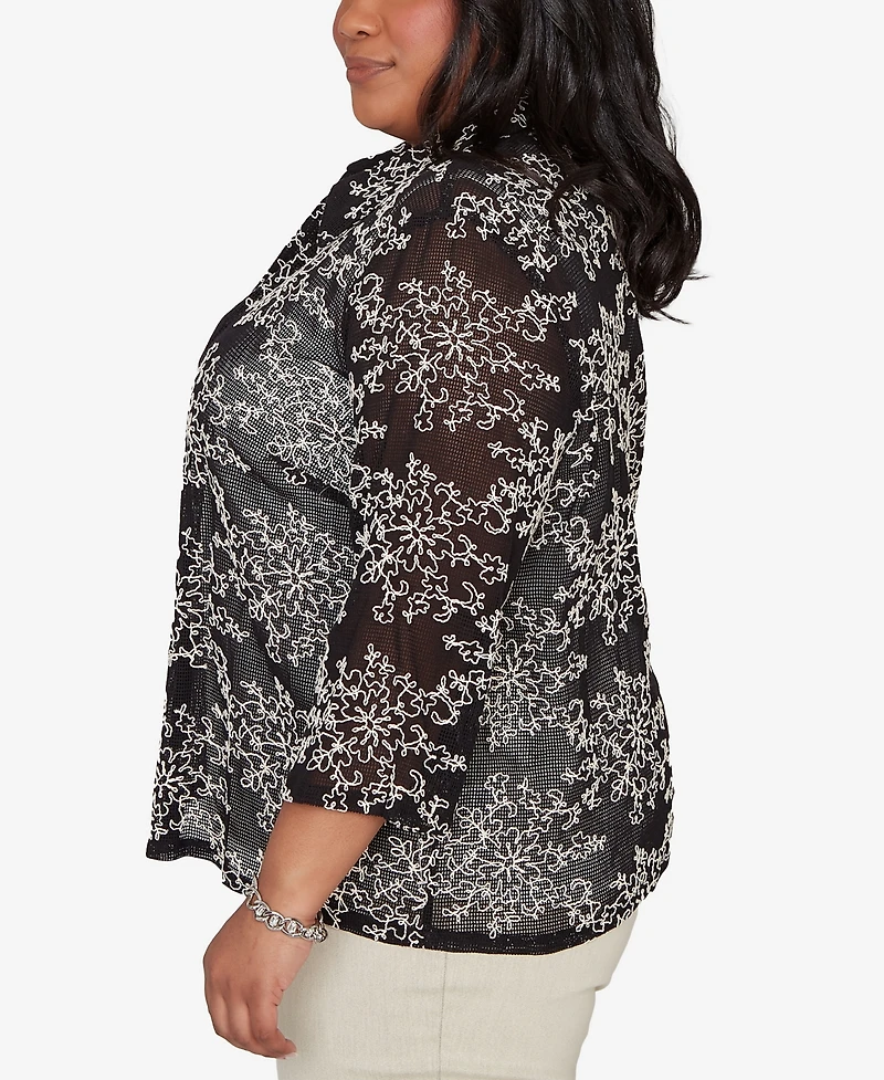 Alfred Dunner Plus Detail Driven Two One Mesh Soutache Top with Necklace