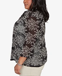 Alfred Dunner Plus Detail Driven Two One Mesh Soutache Top with Necklace