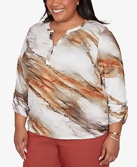Alfred Dunner Plus Spice Market Marble Print Split Neck Top