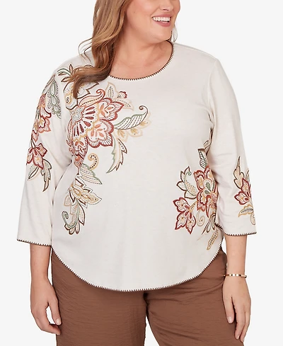 Alfred Dunner Plus Spice Market Asymmetrical Scroll Floral Round Hem Top