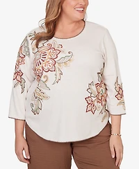 Alfred Dunner Plus Spice Market Asymmetrical Scroll Floral Round Hem Top