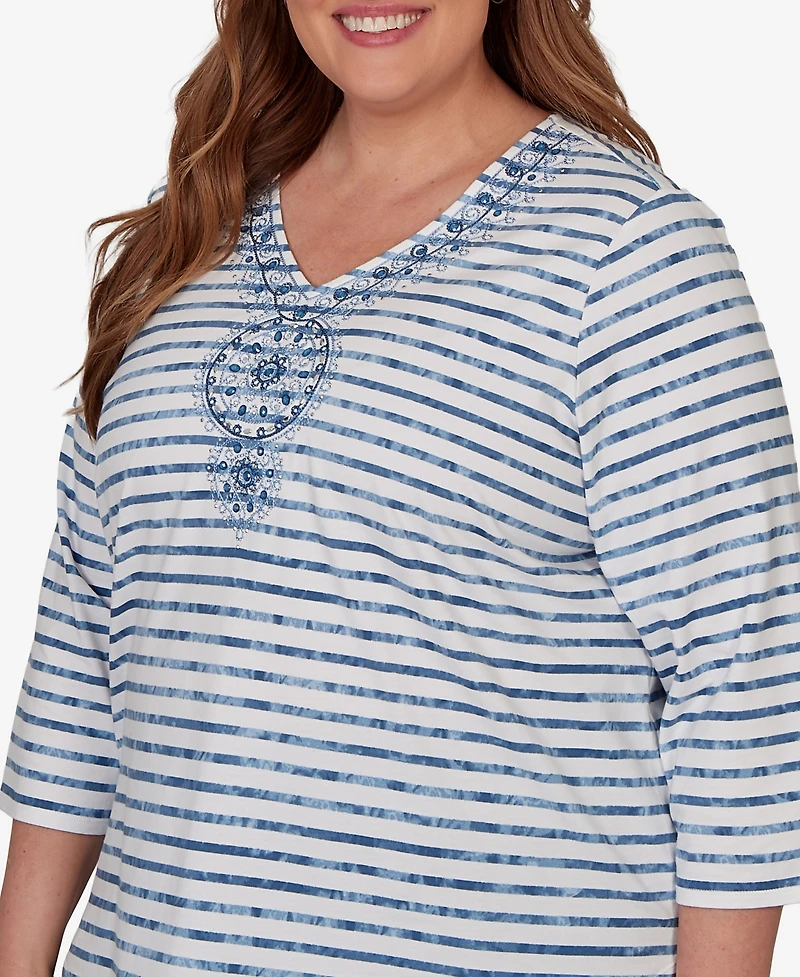 Alfred Dunner Plus Classic Medallion Embroidered Stripe V-Neck Top