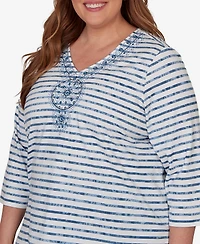 Alfred Dunner Plus Classic Medallion Embroidered Stripe V-Neck Top