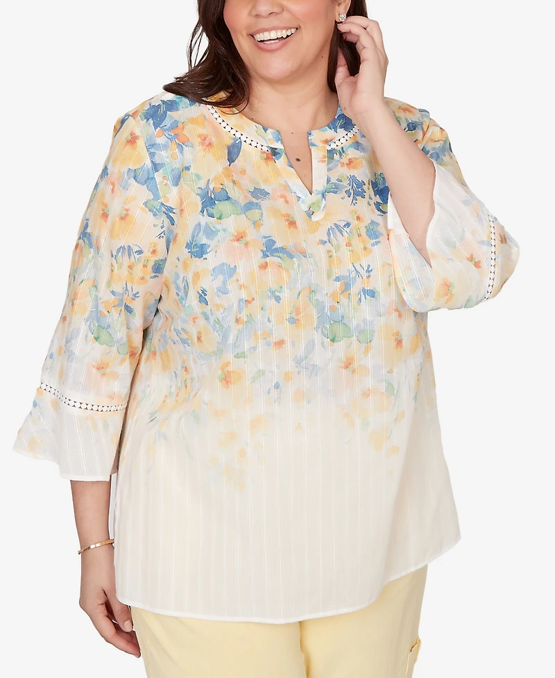 Alfred Dunner Plus Out of the Blue Falling Floral Three Quarter Sleeve Top
