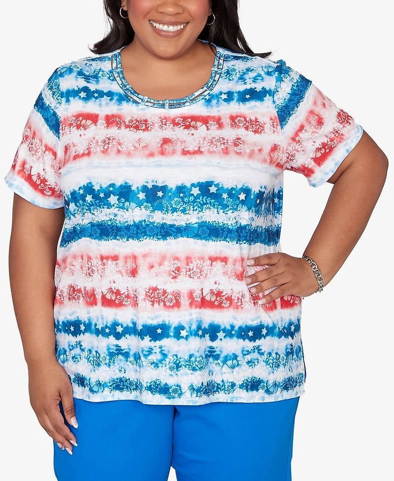 Alfred Dunner Plus Lady Liberty Americana Tie Dye Stripes T-Shirt
