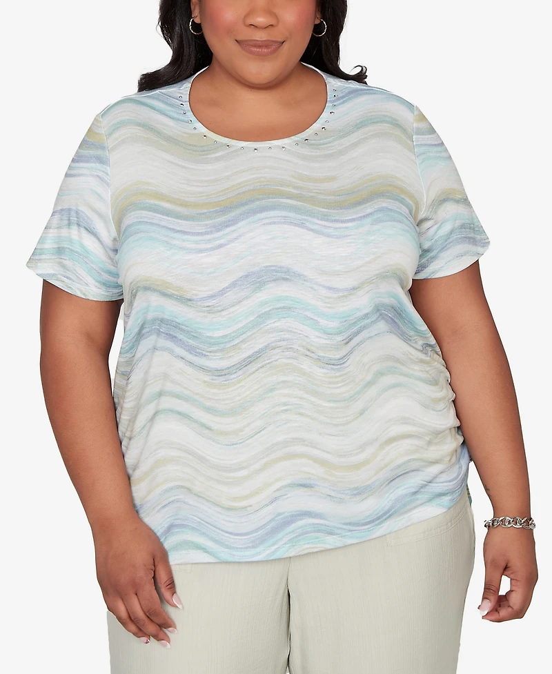 Alfred Dunner Plus Vintage Charm Wavy Biadere Side Tie Ruched T-Shirt
